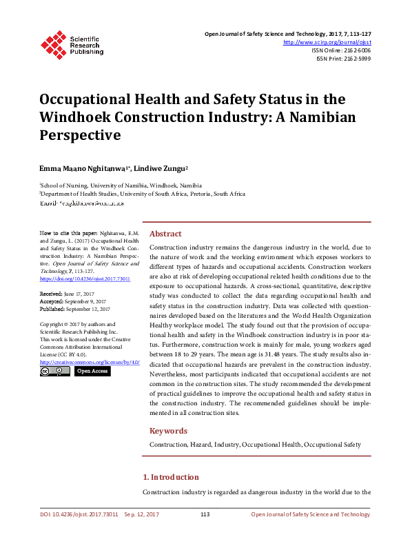 (PDF) Occupational Health and Safety Status in the Windhoek