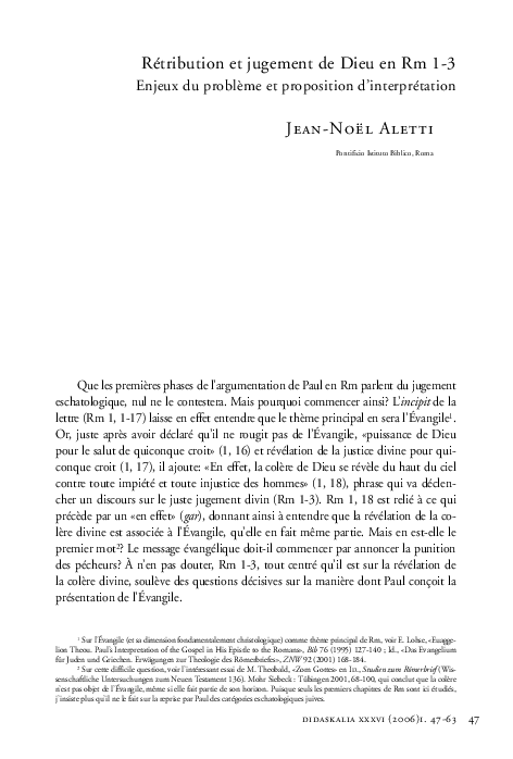 (PDF) Rétribution et jugement de Dieu en Rm 1-3 : Enjeux du problème et ...
