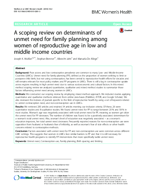 (PDF) A scoping review on determinants of unmet need for family ...