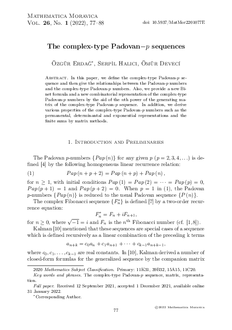 (PDF) The complex-type Padovan-p sequences | Ömür Deveci - Academia.edu