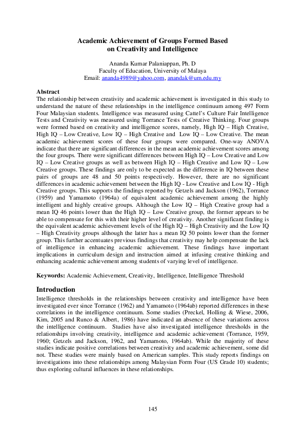 (PDF) Academic Achievement of Groups formed based on Creativity and ...