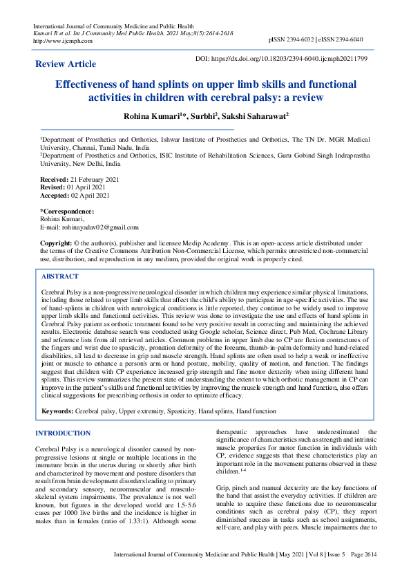 (PDF) Effectiveness of hand splints on upper limb skills and functional ...