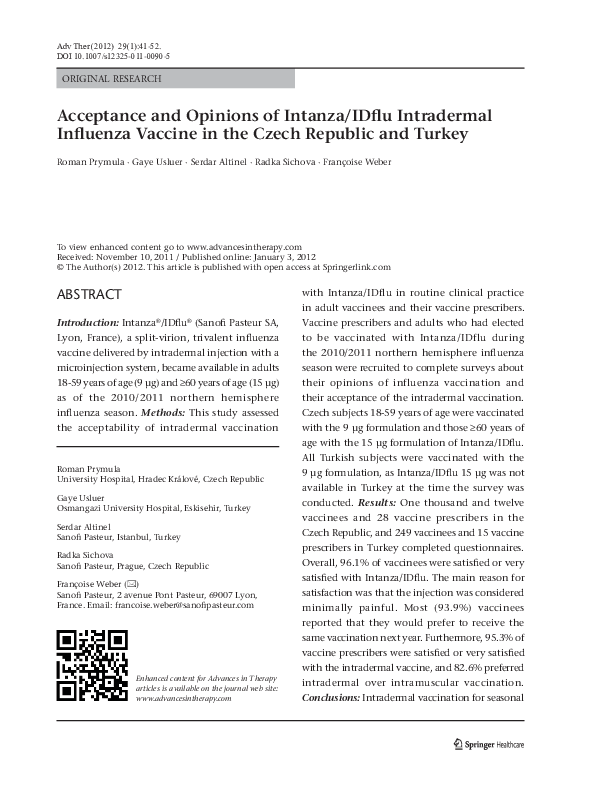 (PDF) Acceptance and Opinions of Intanza/IDflu Intradermal Influenza ...