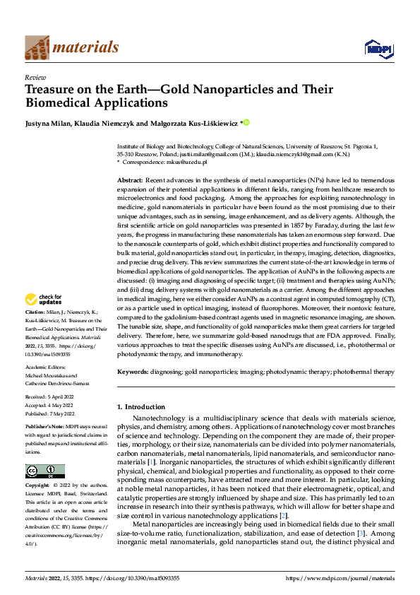 (PDF) Treasure on the Earth—Gold Nanoparticles and Their Biomedical ...