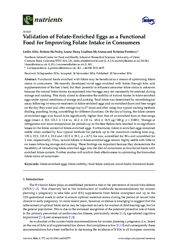 (PDF) Validation of Folate-Enriched Eggs as a Functional Food for ...
