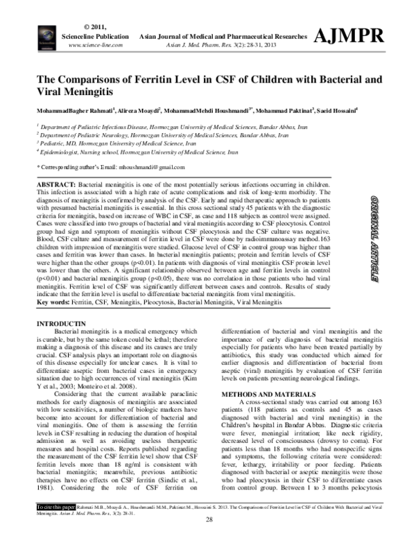 (PDF) The Comparisons of Ferritin Level in CSF of Children with Bacterial and Viral Meningitis