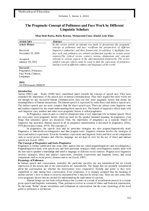 (PDF) The Pragmatic Concept of Politeness and Face Work by Different