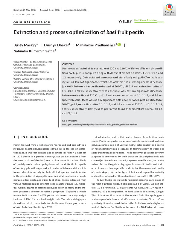 (PDF) Extraction and process optimization of bael fruit pectin