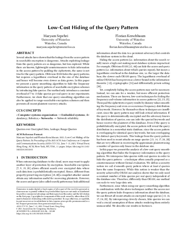 (PDF) Low-Cost Hiding of the Query Pattern