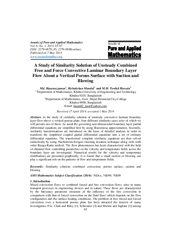 (PDF) A Study of Similarity Solution of Unsteady Combined Free and ...
