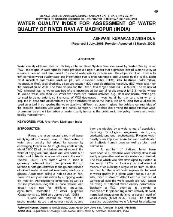(PDF) Water quality index for assessment of water quality of river ravi