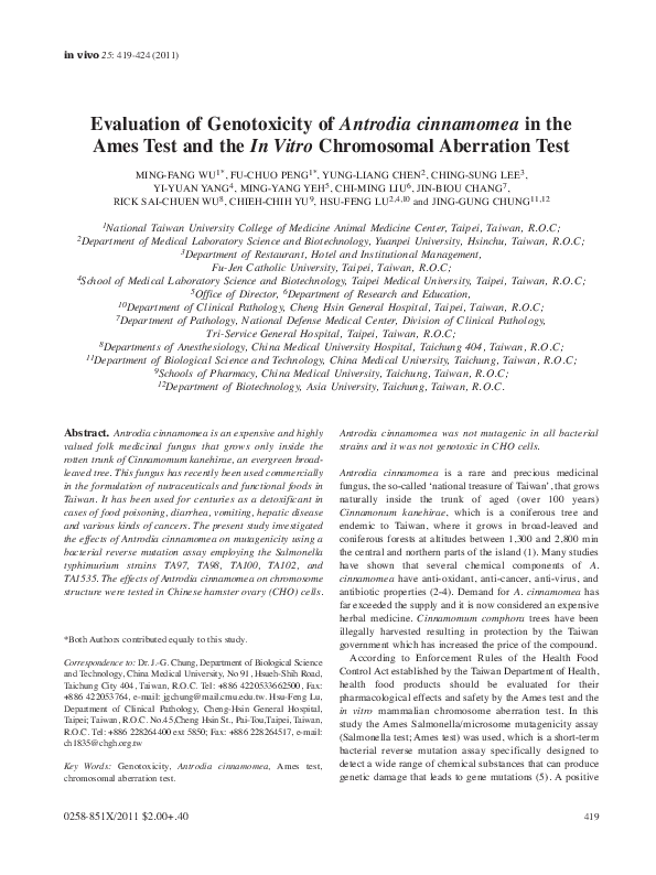 (PDF) Evaluation of genotoxicity of Antrodia cinnamomea in the Ames