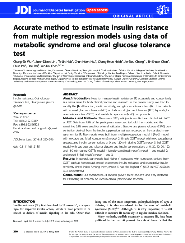 (PDF) Accurate method to estimate insulin resistance from multiple ...