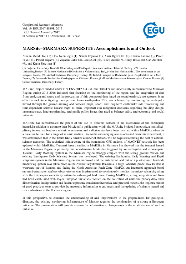 (PDF) MARSite-MARMARA SUPERSITE: Accomplishments and Outlook
