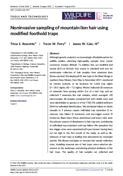 (PDF) Noninvasive sampling of mountain lion hair using modified ...
