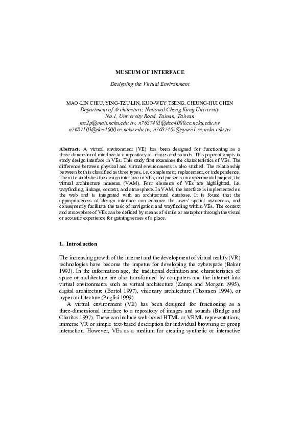 (PDF) Museum of Interface. Designing the Virtual Environment