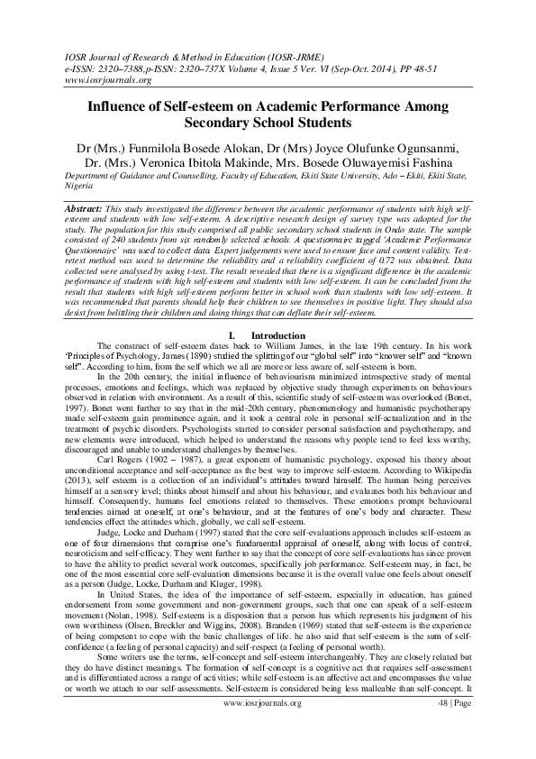 (PDF) Influence of Self-esteem on Academic Performance Among Secondary ...
