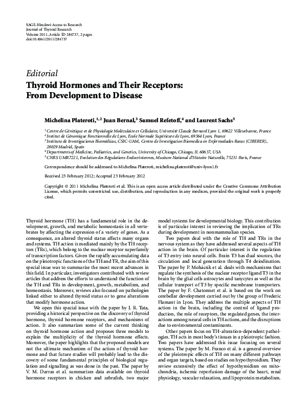 (PDF) Thyroid Hormones and Their Receptors: From Development to Disease