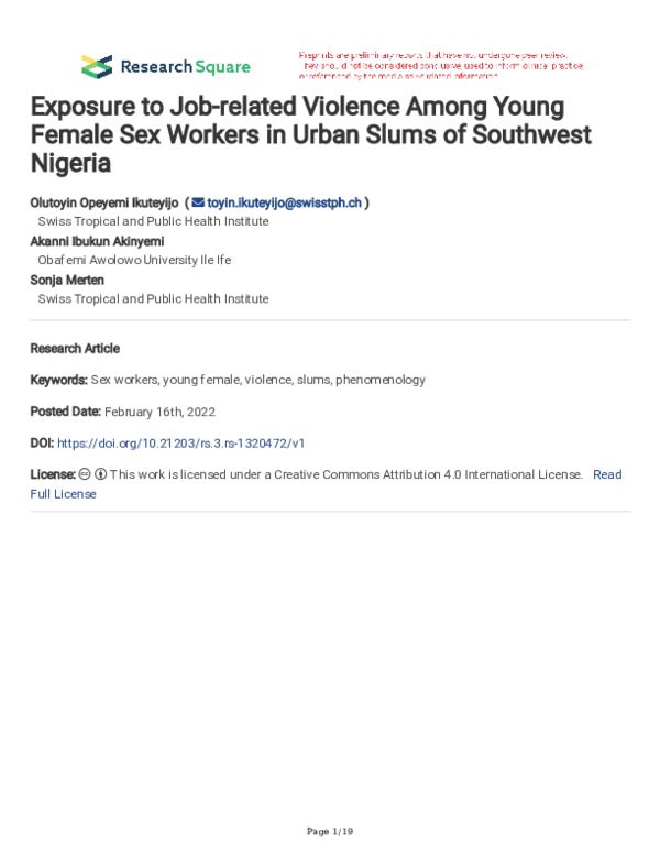 (PDF) Exposure to Job-related Violence Among Young Female Sex Workers ...
