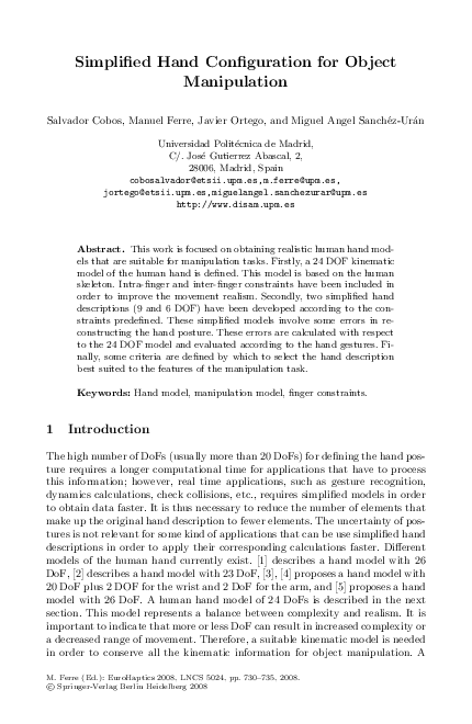(PDF) Simplified Hand Configuration for Object Manipulation