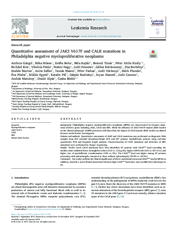 (PDF) Quantitative assessment of JAK2 V617F and CALR mutations in ...