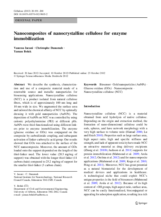 (PDF) Nanocomposites of nanocrystalline cellulose for enzyme immobilization