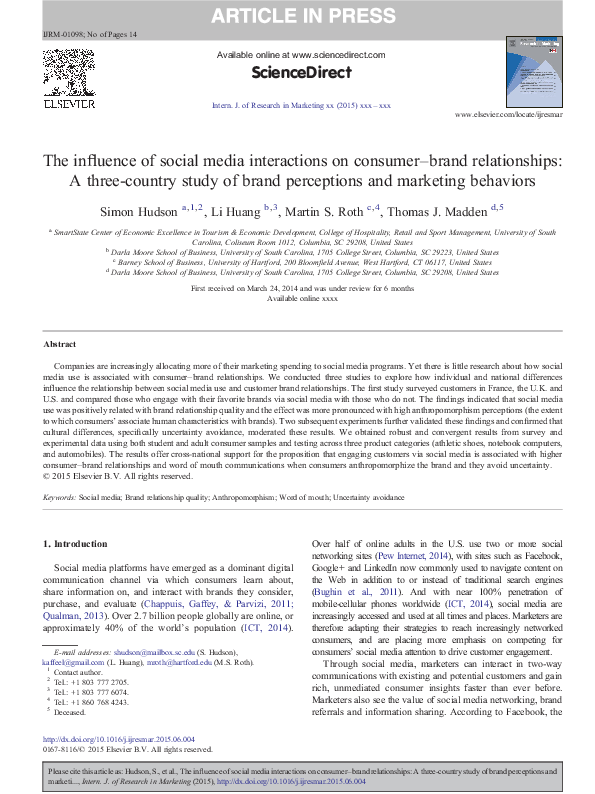 (PDF) The influence of social media interactions on consumer–brand ...