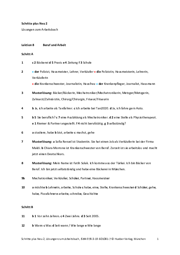 (PDF) Schritte plus Neu 2 Lösungen zum Arbeitsbuch Lektion 8 Beruf und