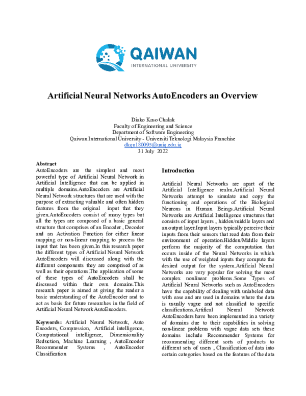 (PDF) Artificial Neural Networks AutoEncoders an Overview