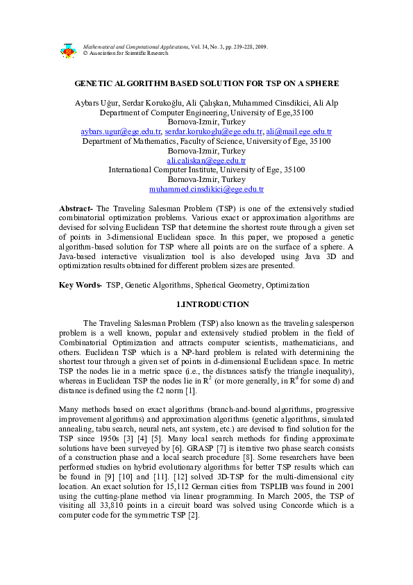 (PDF) Genetic Algorithm Based Solution for TSP on a Sphere