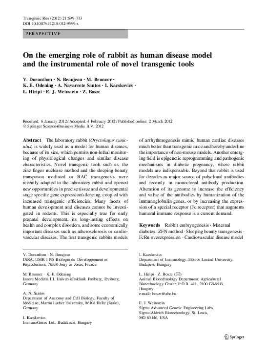 (PDF) On the emerging role of rabbit as human disease model and the ...