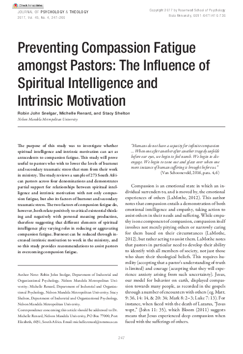 (PDF) Preventing Compassion Fatigue Amongst Pastors: The Influence of ...