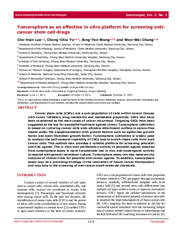 (PDF) Tumorsphere as an effective in vitro platform for screening anti ...
