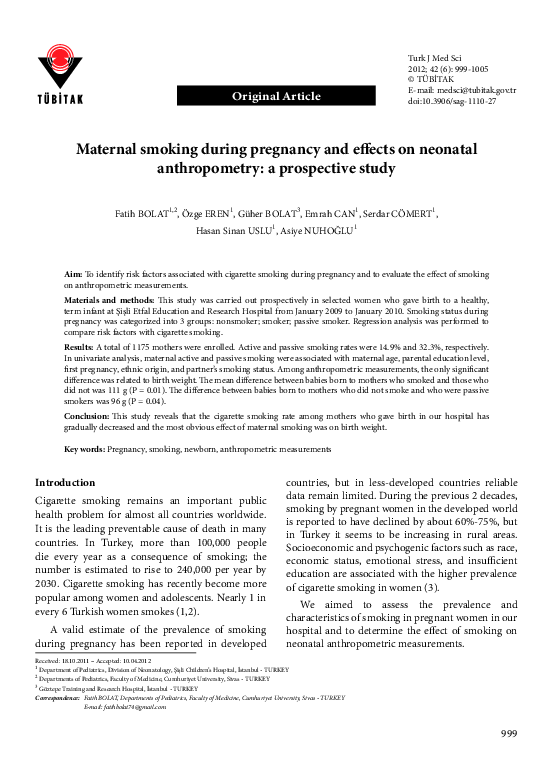 (PDF) Impact of Maternal Anthropometry and Smoking on Neonatal Birth Weight