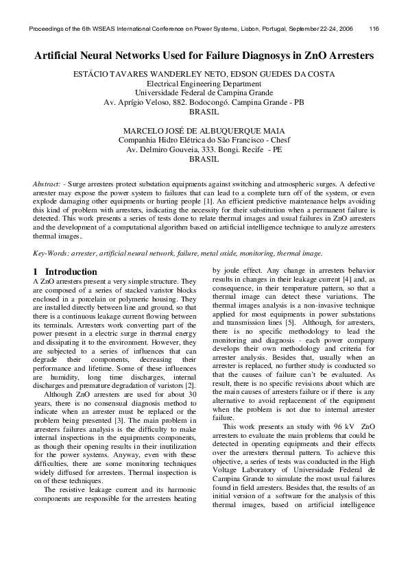 (PDF) Artificial Neural Networks Used for Failure Diagnosys in ZnO