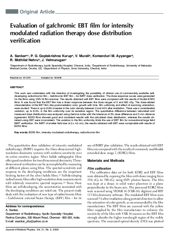(PDF) Evaluation of gafchromic EBT film for intensity modulated ...