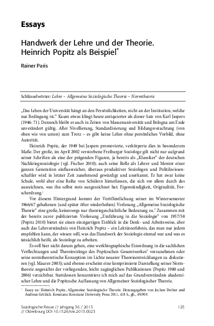 (PDF) Handwerk der Lehre und der Theorie. Heinrich Popitz als Beispiel
