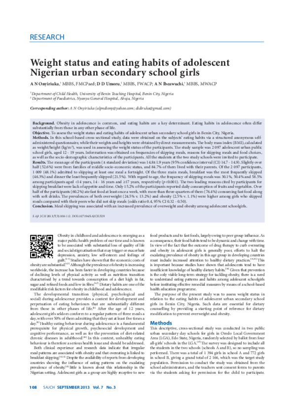 (PDF) Weight status and eating habits of adolescent Nigerian urban ...
