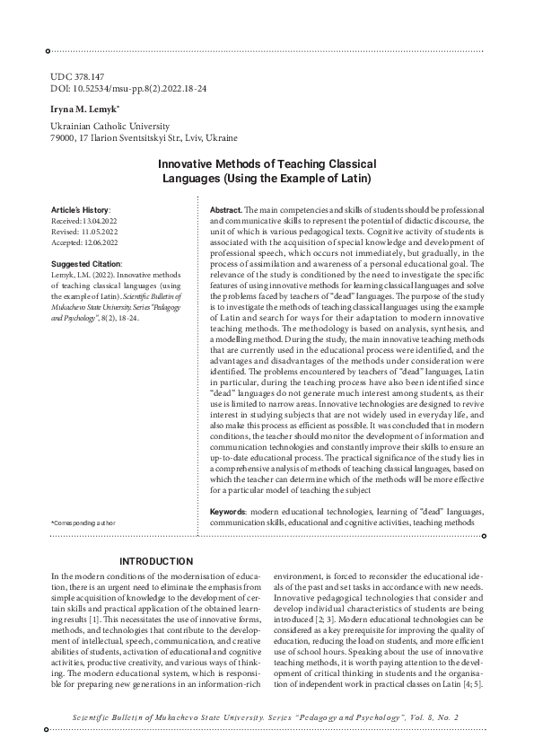 (PDF) Innovative Methods of Teaching Classical Languages (Using the ...