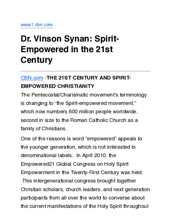 (PDF) DR. VINSON SYNAN: SPIRIT-EMPOWERED IN THE 21ST CENTURY by