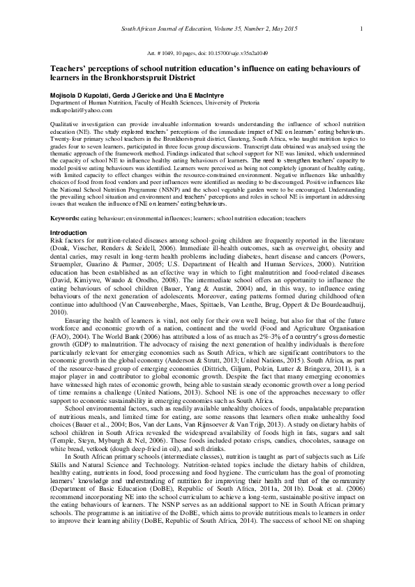 (PDF) Teachers’ perceptions of school nutrition education’s influence ...