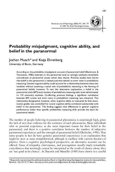 (PDF) Probability misjudgment, cognitive ability, and belief in the ...
