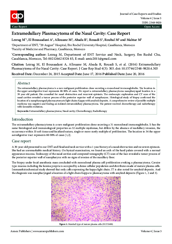 (PDF) Extramedullary Plasmacytoma of the Nasal Cavity: Case Report