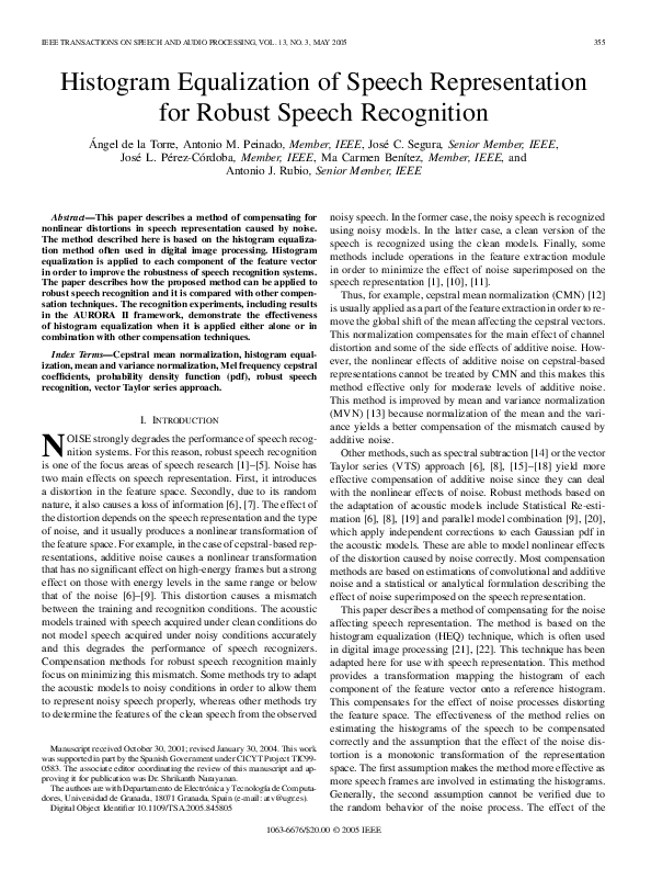 (PDF) Histogram equalization of speech representation for robust speech