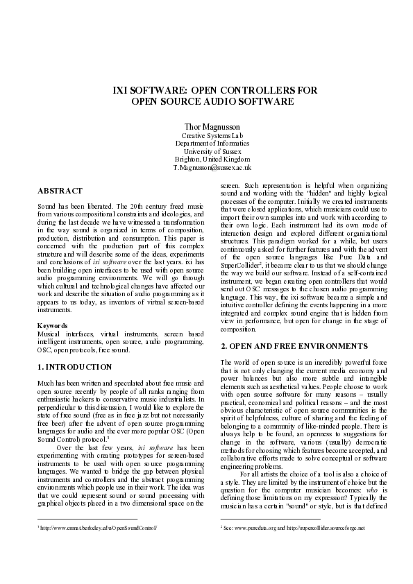 (PDF) ixi software: Open Controllers for Open Source Audio Software