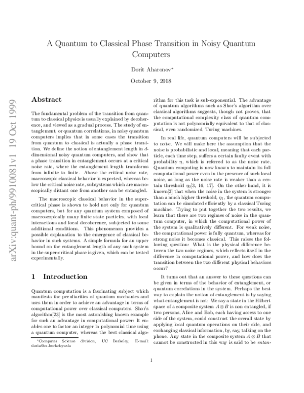 (PDF) Quantum to classical phase transition in noisy quantum computers