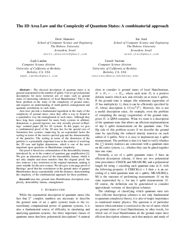 (PDF) The 1D Area Law and the Complexity of Quantum States: A ...