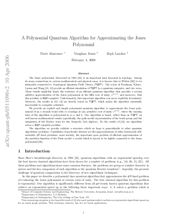 (PDF) A Polynomial Quantum Algorithm for Approximating the Jones Polynomial