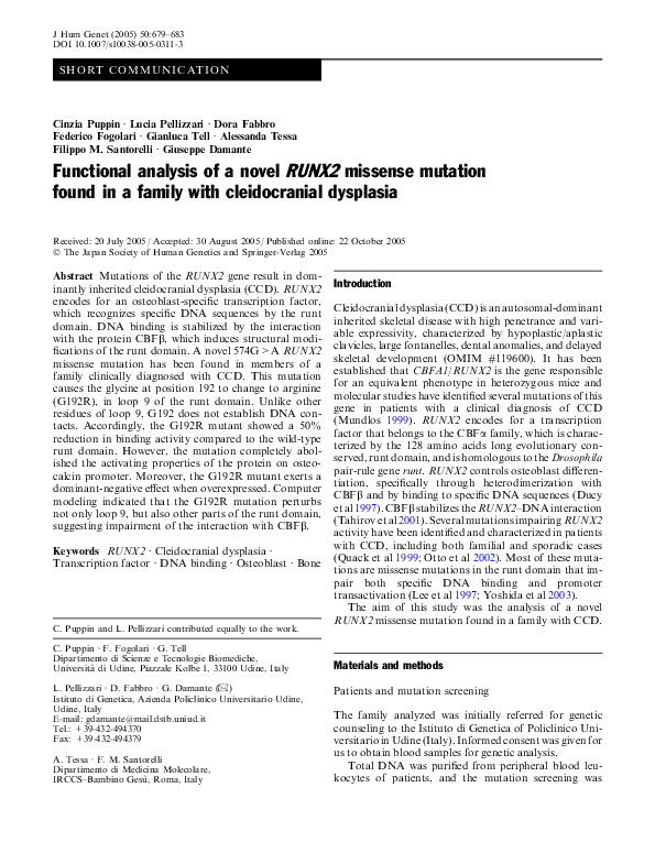 (PDF) Functional analysis of a novel RUNX2 missense mutation found in a ...