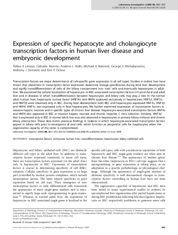 (PDF) Expression of specific hepatocyte and cholangiocyte transcription ...